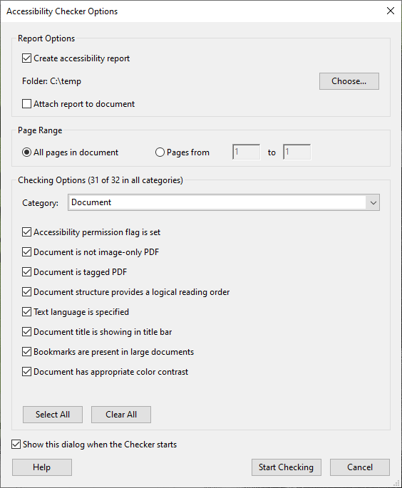 Accessibility Checker Options from Acrobat Pro