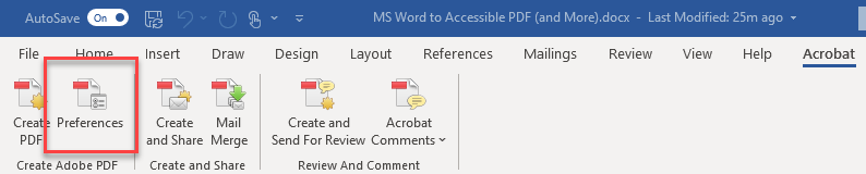 Acrobat toolbar with Preferences option highlighted.