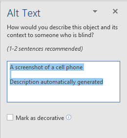 MS Word Alt Text Editing window.