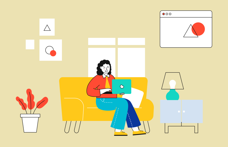 illustration of woman sitting on orange sofa with laptop in a yellow room.