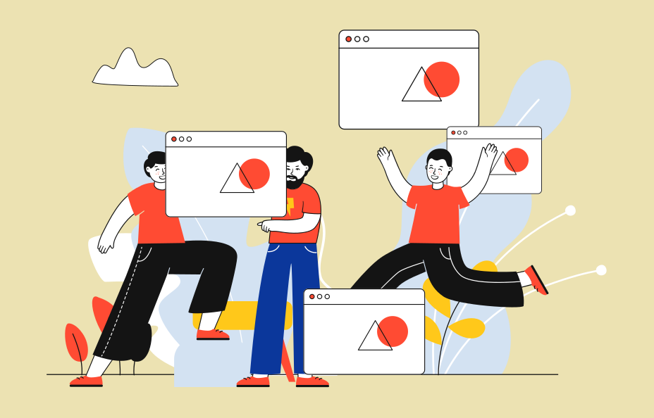 illustration of three characters apparently celebrating  the same design appearing on 4 different screens.