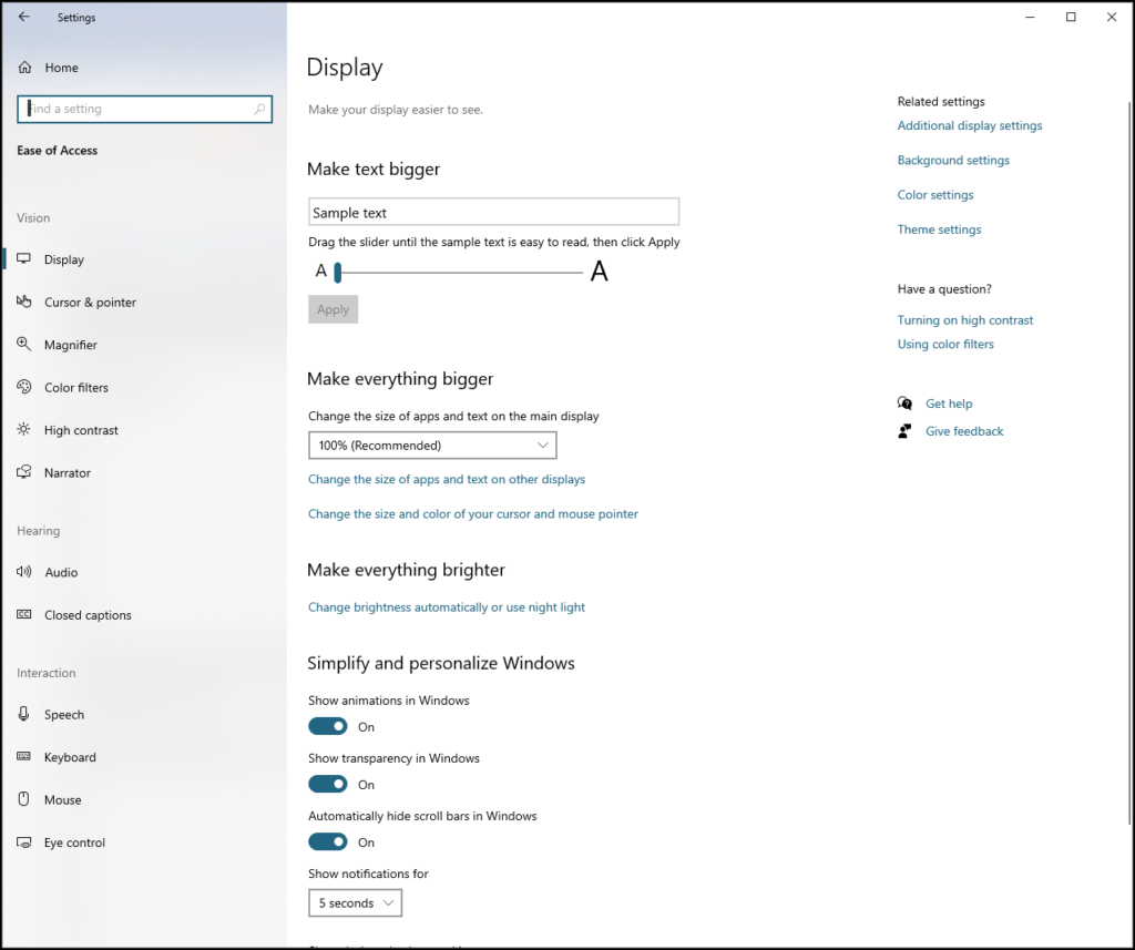 Windows 10 Display options from Ease of Access settings.