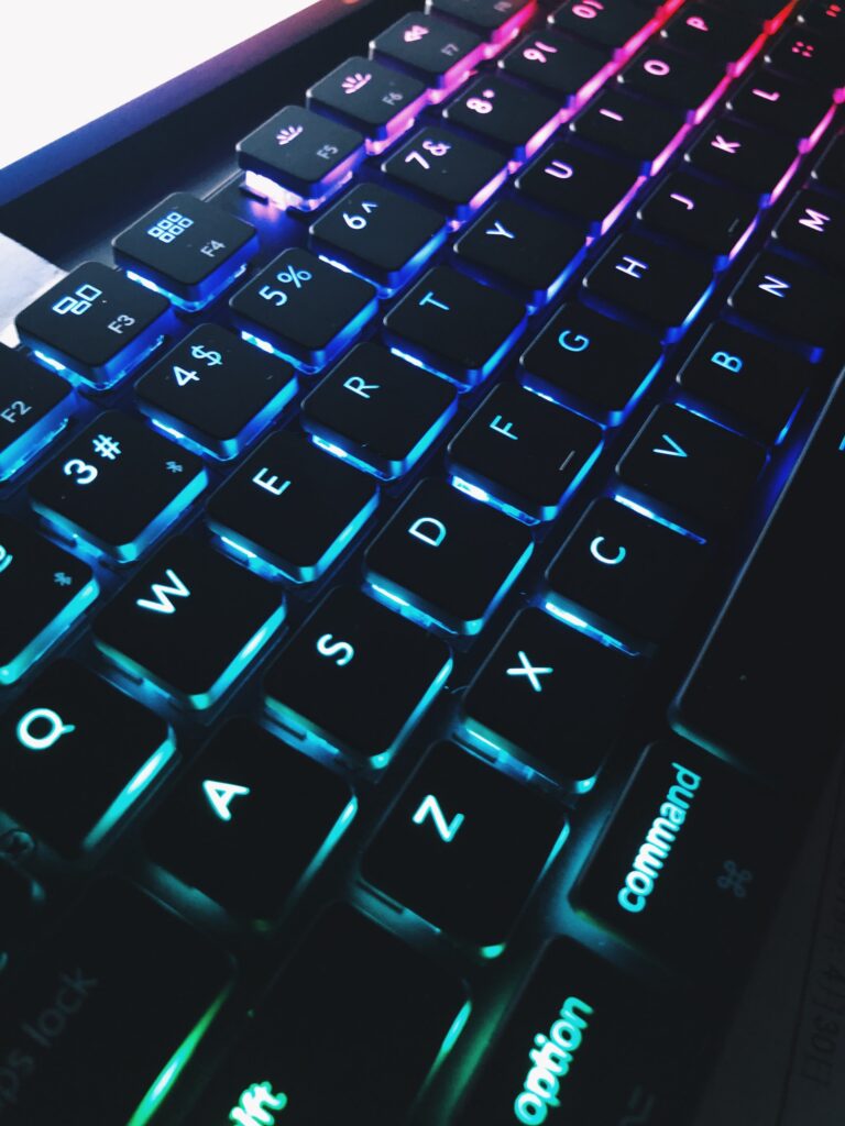 Keyboard with blue and red lighting.