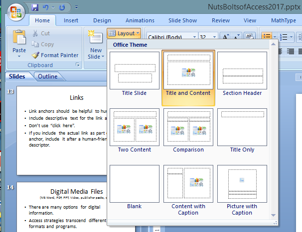 Slide Layout options from MS PowerPoint