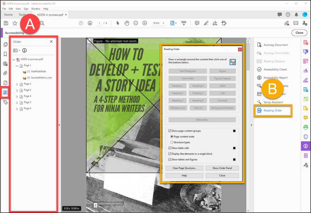 Acrobat Pro Reading Order Panel and reading Order tool.