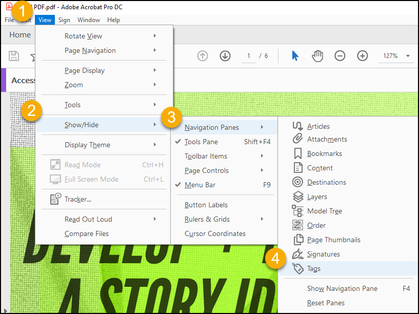Menu path for adding the Tags tool to the Acrobat Navigation Pane.