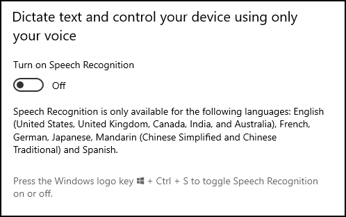 Windows 10 Speech Recognition settings.