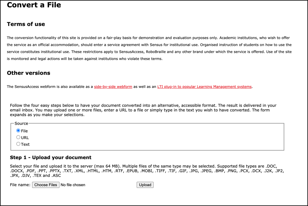 Screen capture of SensusAccess input form with Step 1, "Upload your document" of the conversion process.