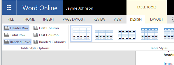 Table Tools for defining Header Rows in MS Word