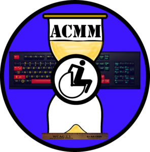 Accessibility Capability Maturity Model Icon, hourglass with WCAG ruler and QWERTY keyboard over a blue circle.
