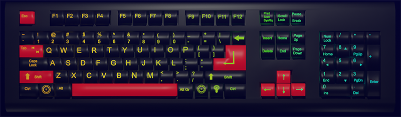 QWERTY keyboard with red keys for the TAB, SHIFT, SPACEBAR, ENTER, ESCAPE, and ARROW KEYS.