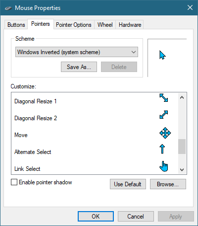 Mouse Properties from Windows 10 showing different options for customizing how the mouse represents different content.