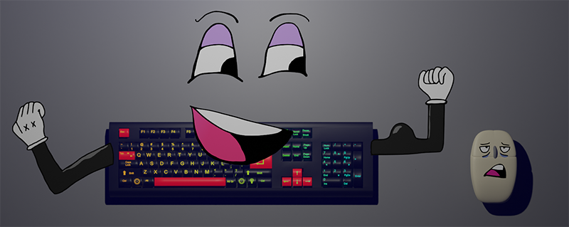 A keyboard with cartoon eyes flexes cartoon arms and smiles condescendingly at a mouse who is rolling its cartoon eyes.