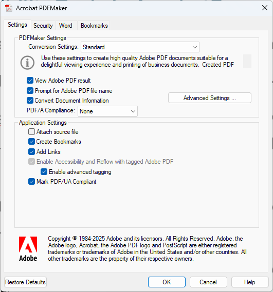 Acrobat PDFMaker settings from MS Word
