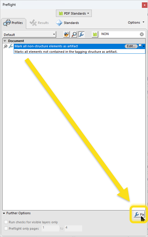 The all-important Fix button that actually applies the Preflight tool you are working with. Located at the bottom right.