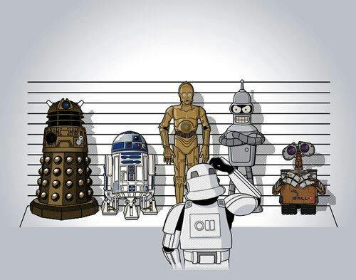 A lineup of droids, including a Dalek,R2D2, C3PO, Bender, and Wall-E. A stormtrooper scratches his head, confused.