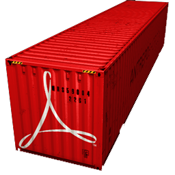 A red cargo container with the Adobe logo painted on the door.