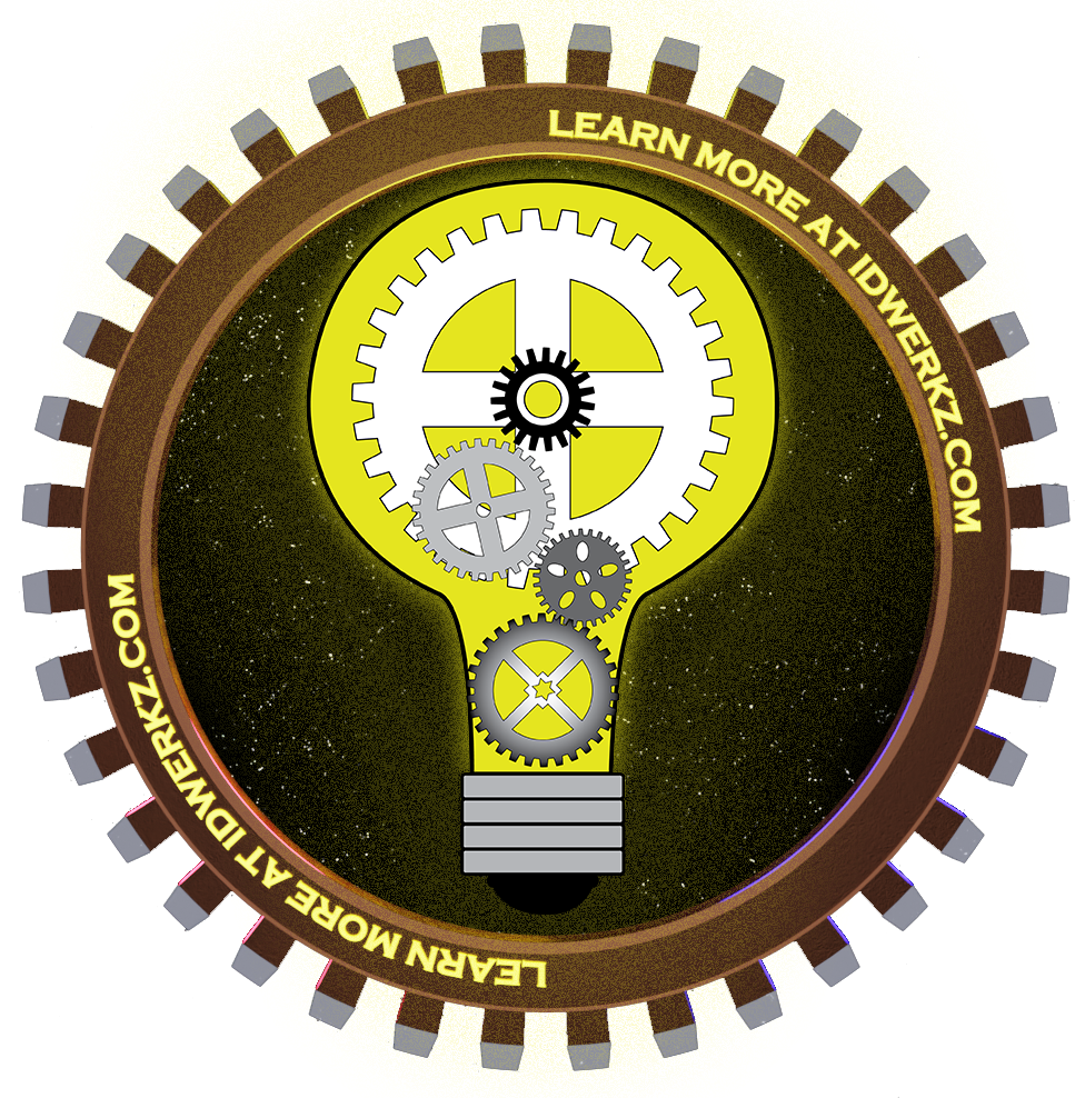 Learn more at idwerkz.com on a metal gear with an illuminated lightbulb and gearworks representing ideas that work.