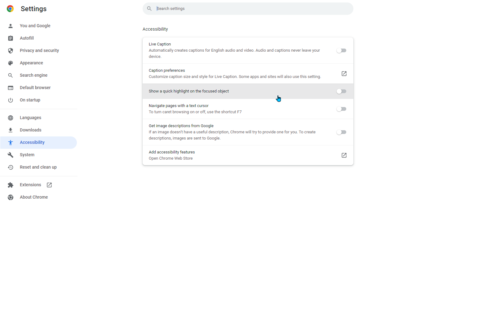 Chrome Accessibility Settings with option to "Show a quick highlight on the focused content" highlighted.